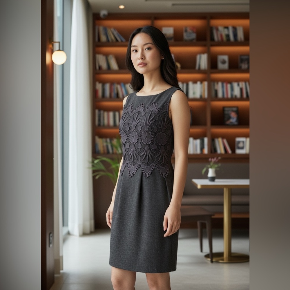Darling Grey Wool Sheath Dress with Lace Bodice